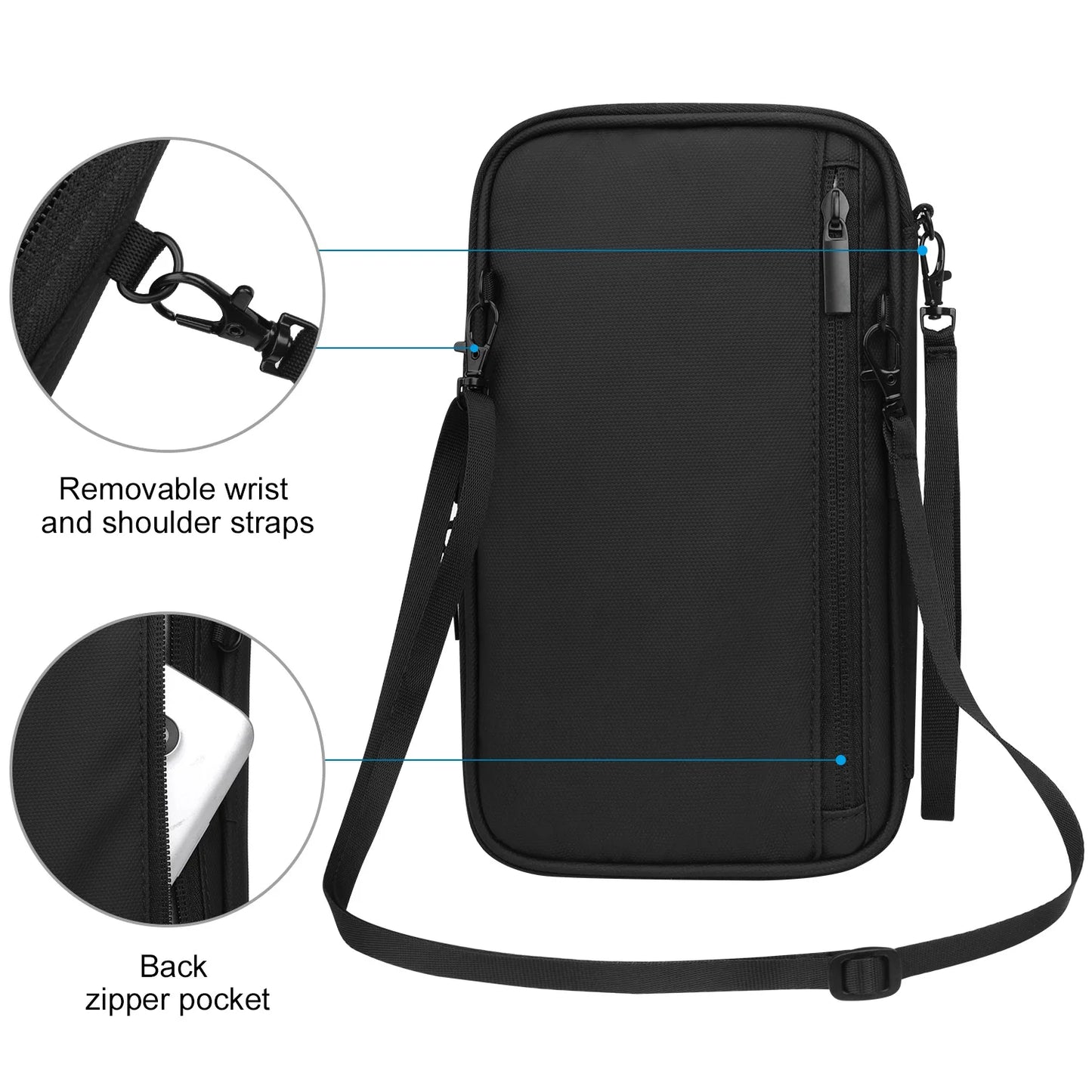 Multi Pocket Passport Bag Travel Wallet with Shoulder Strap