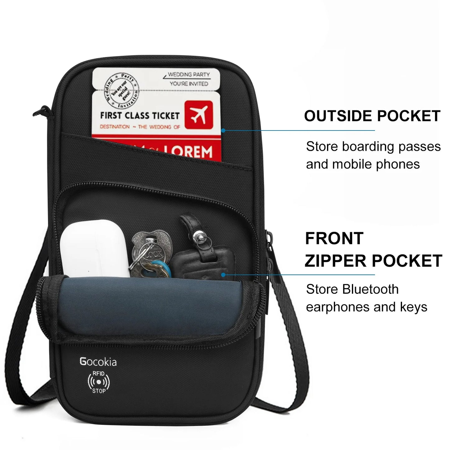 Multi Pocket Passport Bag Travel Wallet with Shoulder Strap